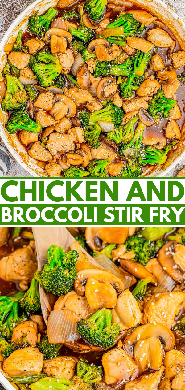 Chicken and broccoli stir fry in a pan, with sauce and sesame seeds, topped with onions and mushrooms.