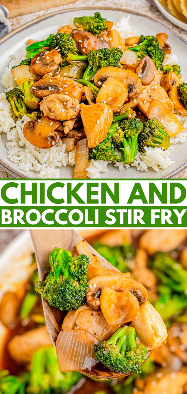 Plate of chicken and broccoli stir fry with mushrooms and onions served over rice.