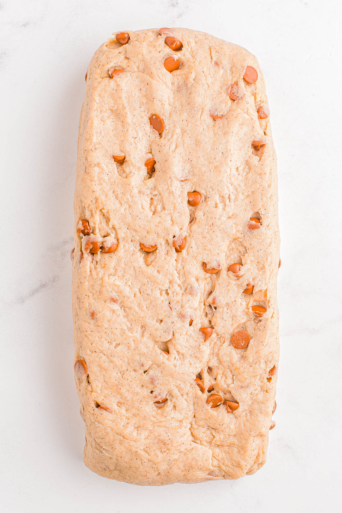 A loaf of cinnamon chip bread dough on a white surface.