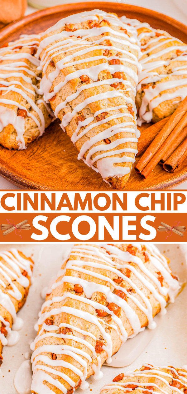 Cinnamon chip scones drizzled with icing are displayed on a wooden plate, accompanied by cinnamon sticks.