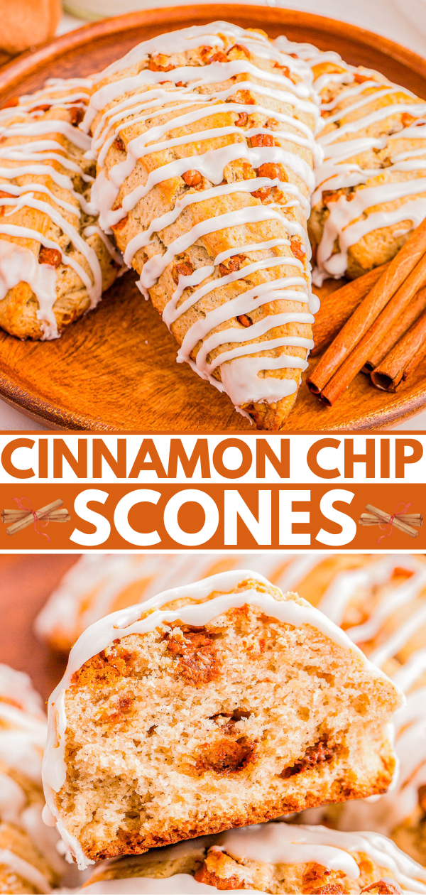 Cinnamon chip scones on a wooden plate, drizzled with white icing and next to cinnamon sticks. Close-up view reveals textured interior with visible cinnamon chips.