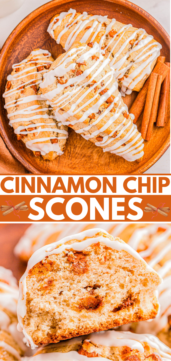 Plate of cinnamon chip scones drizzled with icing, accompanied by cinnamon sticks. A close-up shows the texture and cinnamon chips inside. Text overlay reads "Cinnamon Chip Scones.