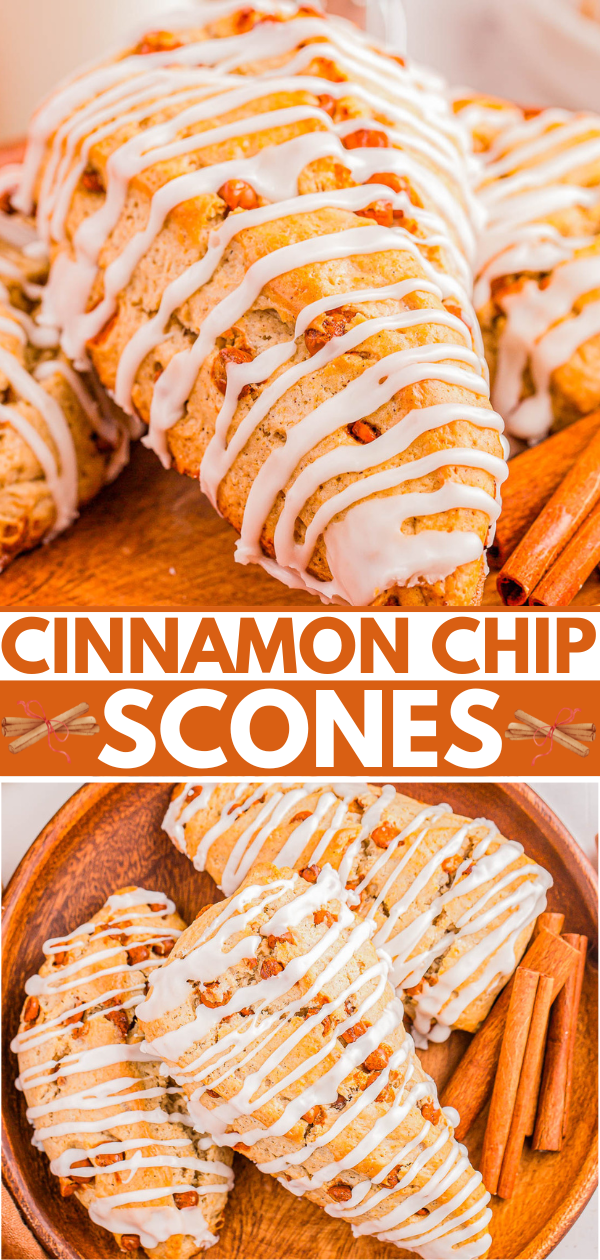 Cinnamon chip scones drizzled with white icing are stacked with cinnamon sticks nearby.