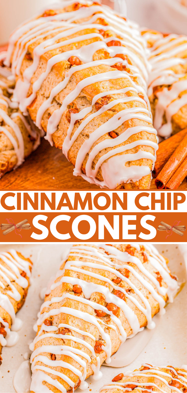 Cinnamon chip scones topped with white icing drizzle are displayed alongside cinnamon sticks. Text reads "CINNAMON CHIP SCONES.