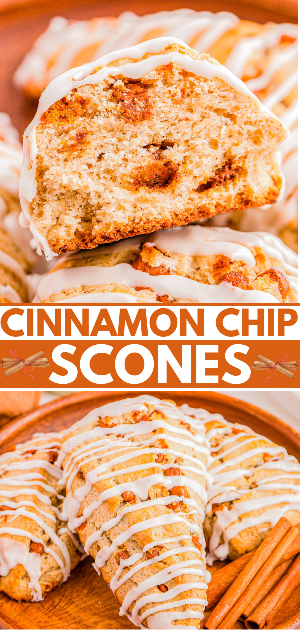 Close-up of cinnamon chip scones drizzled with white icing, displayed on a wooden platter.