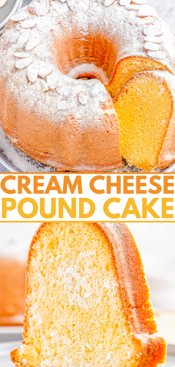 Cream cheese pound cake topped with powdered sugar and sliced almonds, with a cut revealing its interior texture.