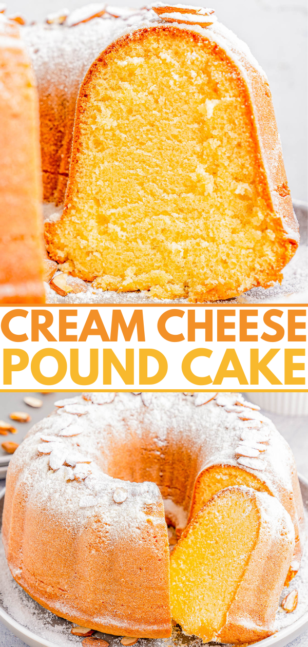 Close-up of a sliced cream cheese pound cake topped with powdered sugar, showing its dense, moist texture.