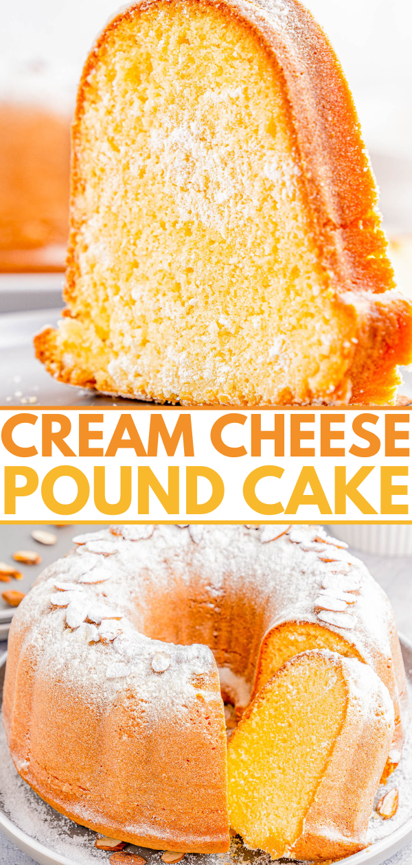 A sliced cream cheese pound cake on a plate, dusted with powdered sugar, showcasing its golden, moist texture.