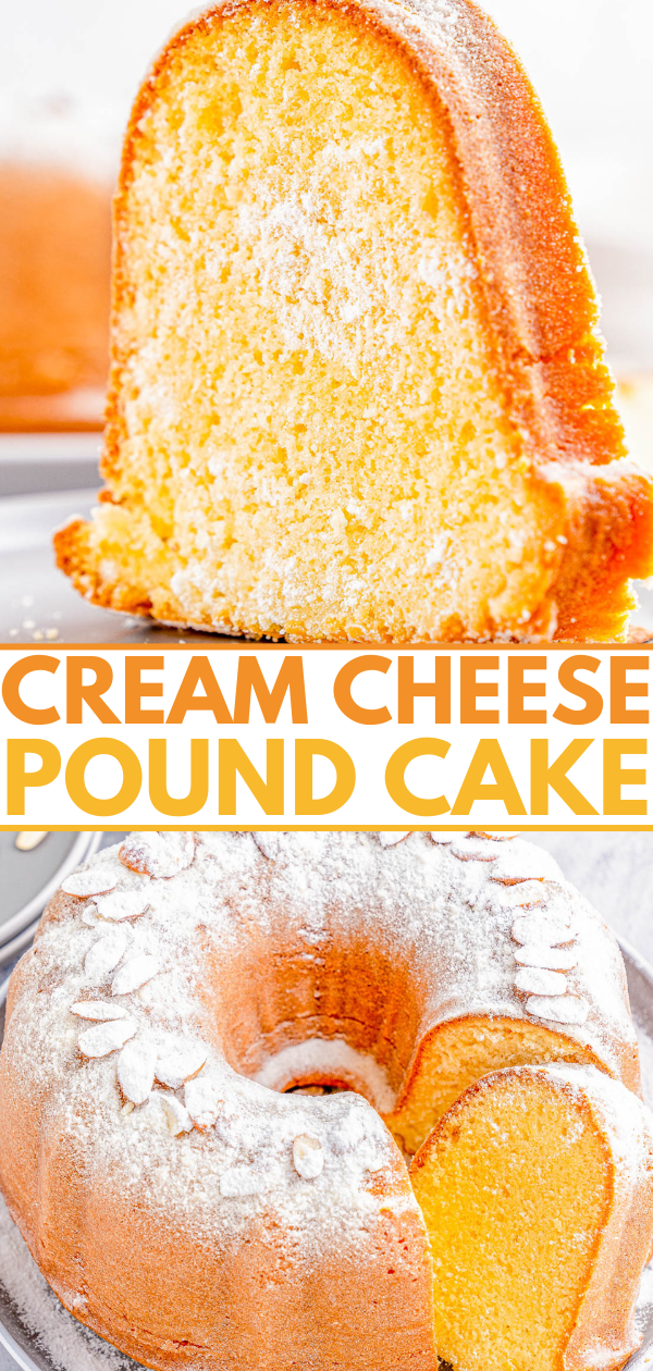 Two views of a cream cheese pound cake dusted with powdered sugar; a close-up of the cut slice and a full cake with a slice removed.