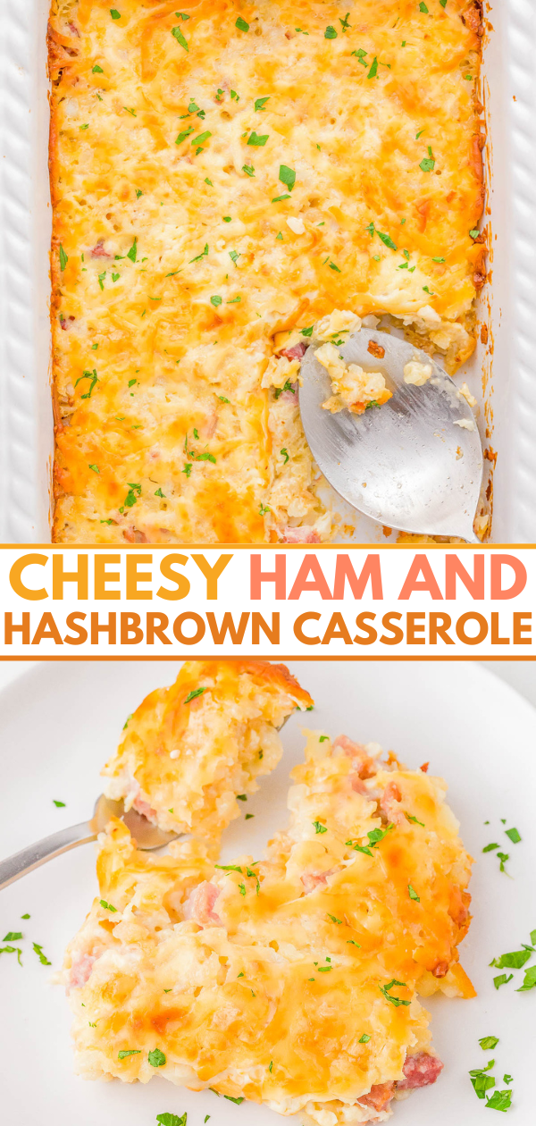 Cheesy ham and hashbrown casserole in a baking dish with a serving spoon and on a plate, garnished with parsley.