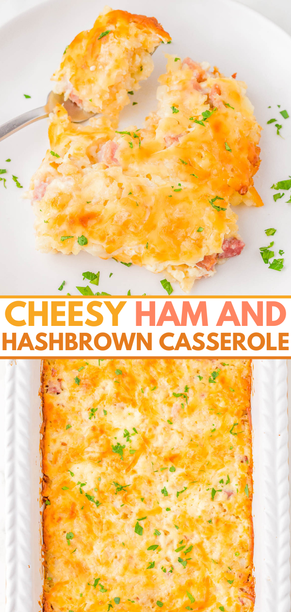 Cheesy ham and hashbrown casserole topped with melted cheese and parsley, served on a white plate.