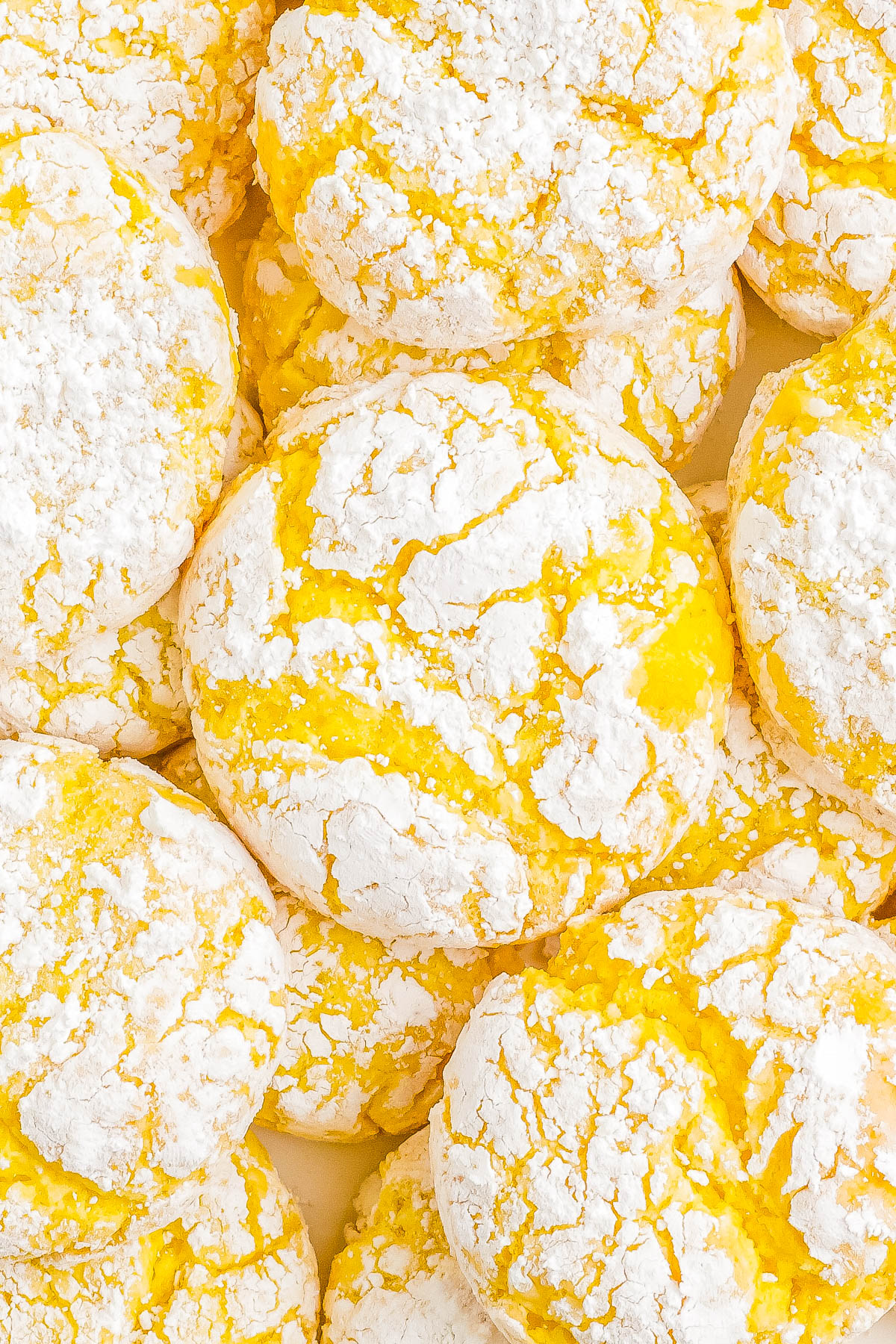 A close-up of several lemon crinkle cookies covered in powdered sugar.