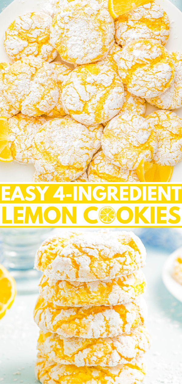 A stack of lemon cookies dusted with powdered sugar is surrounded by lemon wedges. Text reads, "Easy 4-Ingredient Lemon Cookies.