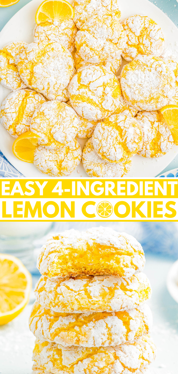 A plate of lemon cookies dusted with powdered sugar, garnished with lemon slices. Text reads "Easy 4-Ingredient Lemon Cookies.