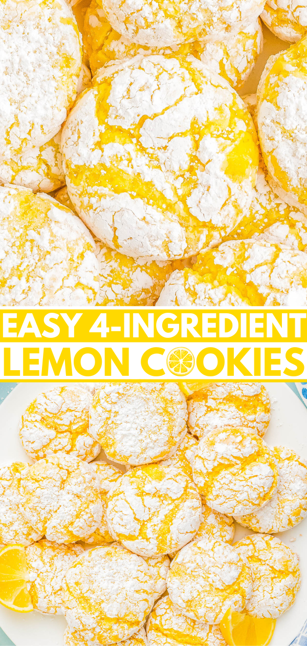 Plates of yellow and white crackle lemon cookies with powdered sugar alongside text: "Easy 4-Ingredient Lemon Cookies.