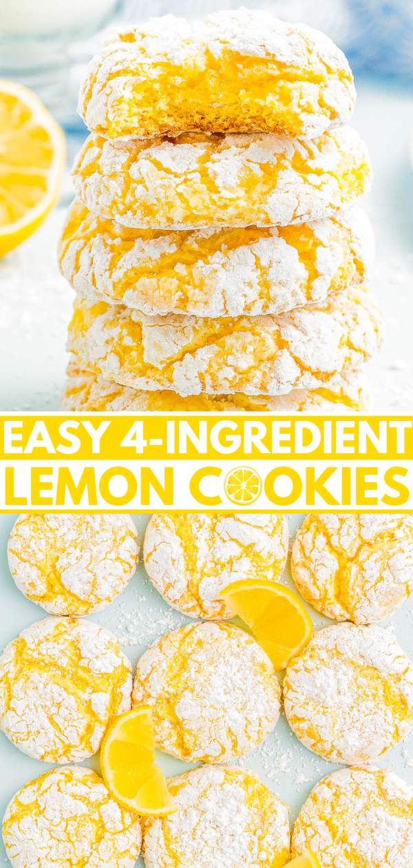 A stack of powdered lemon cookies next to a sliced lemon, with a text overlay: "Easy 4-Ingredient Lemon Cookies." Several cookies and lemon wedges are on a white surface.