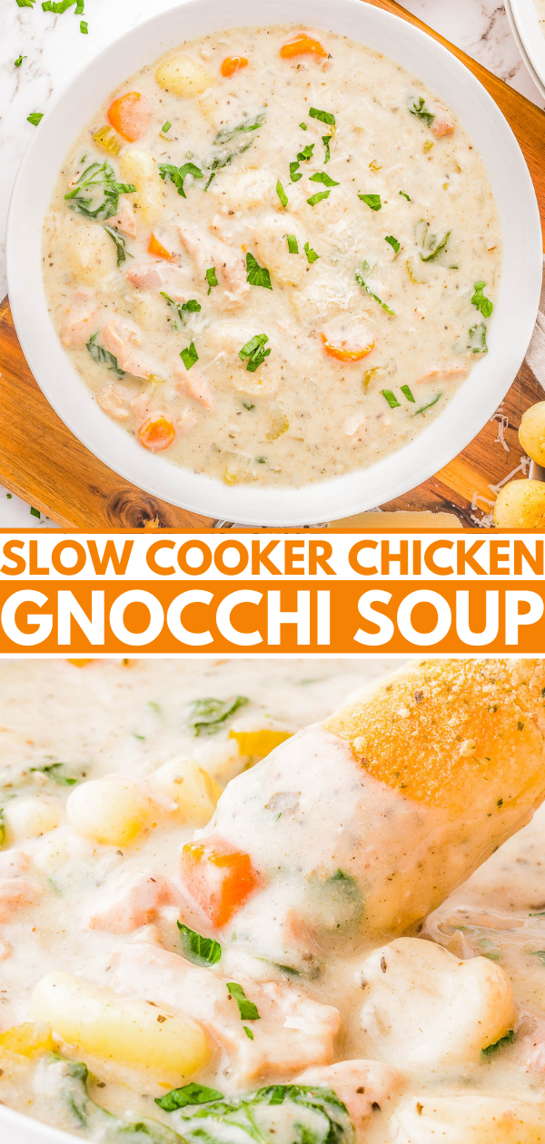 A close-up of a bowl of creamy chicken gnocchi soup with carrots and herbs. Below is a text banner reading 