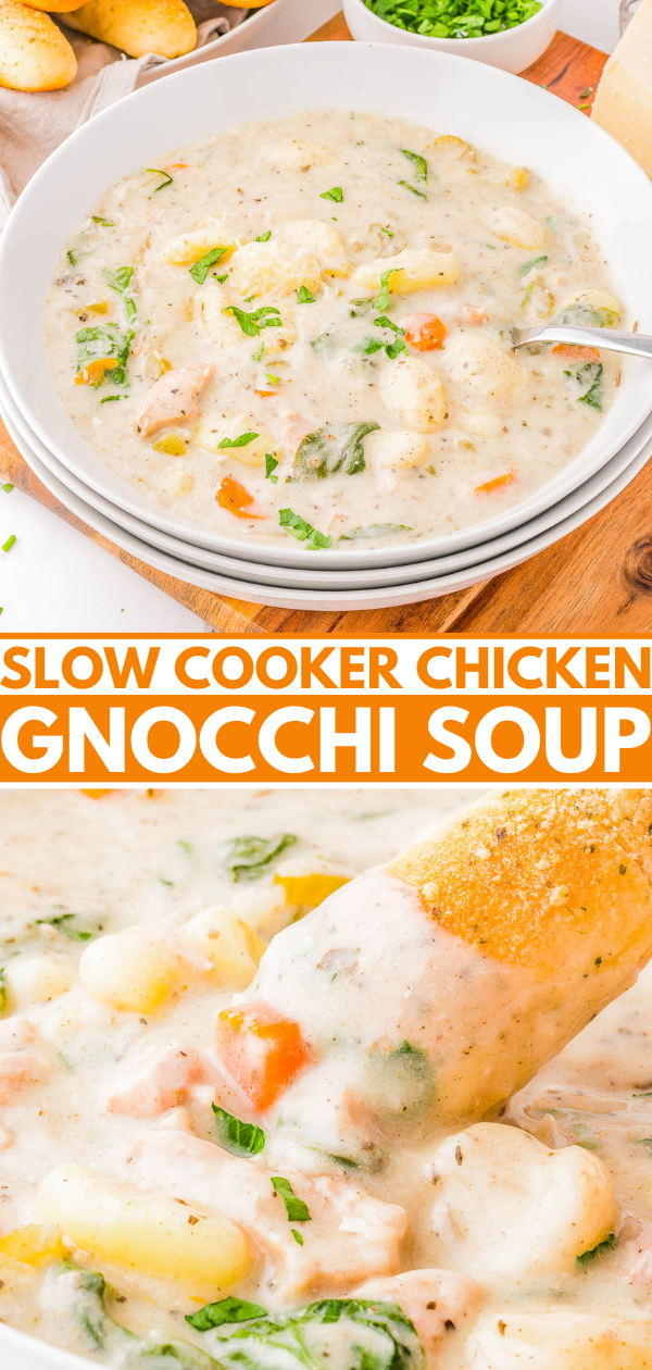 A bowl of slow cooker chicken gnocchi soup with a spoon, garnished with herbs. The soup contains chicken, gnocchi, carrots, and spinach. A slice of bread is dipped into the soup.