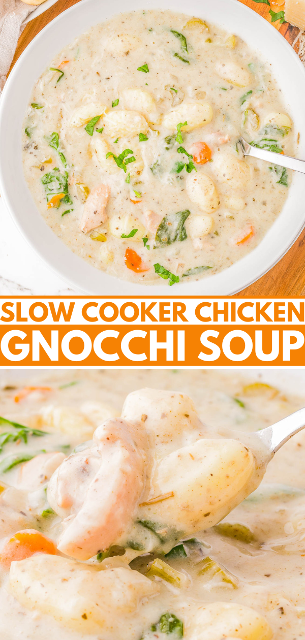 A bowl of creamy slow cooker chicken gnocchi soup with visible carrots, spinach, and herbs. A spoon is filled with soup, showcasing its ingredients.