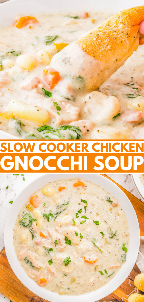 Bowl of creamy slow cooker chicken gnocchi soup with carrots and herbs, topped with a breadstick.