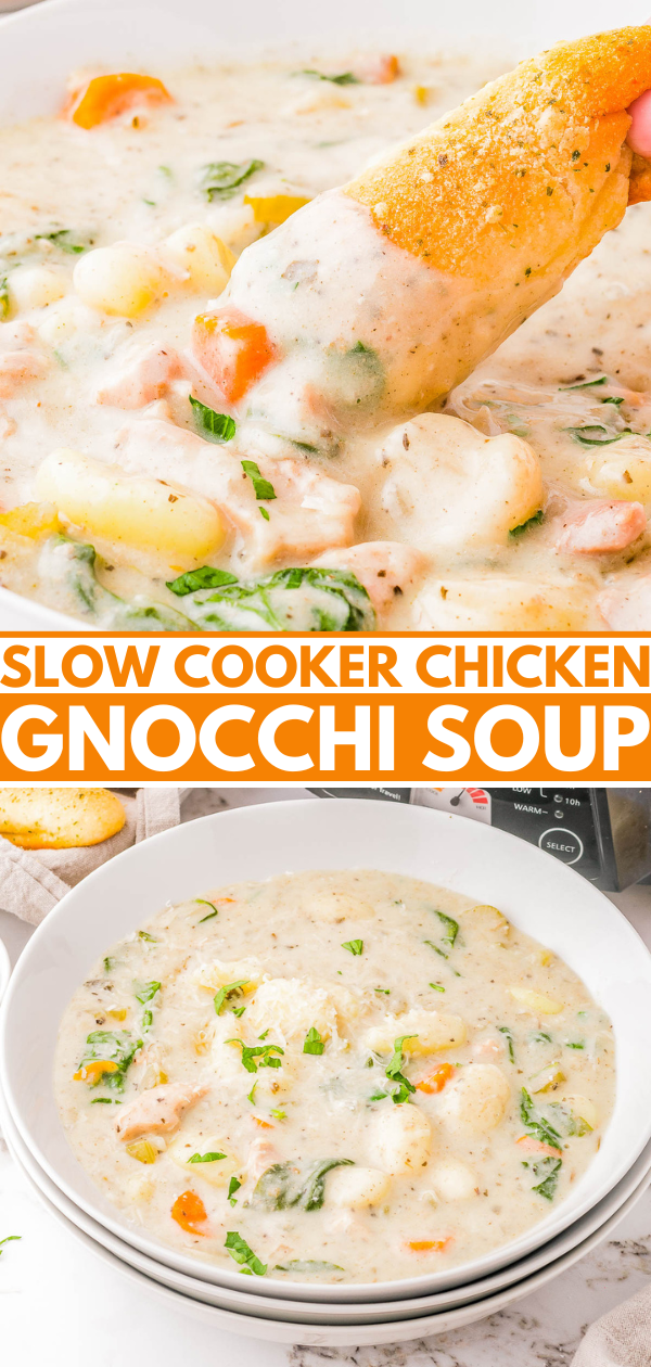 A creamy chicken gnocchi soup with vegetables in a bowl, paired with a piece of bread.