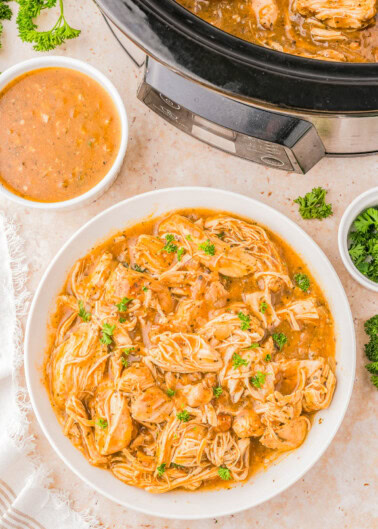 A bowl of shredded chicken in sauce, garnished with herbs, next to a slow cooker and a small bowl of extra sauce on a marble surface.