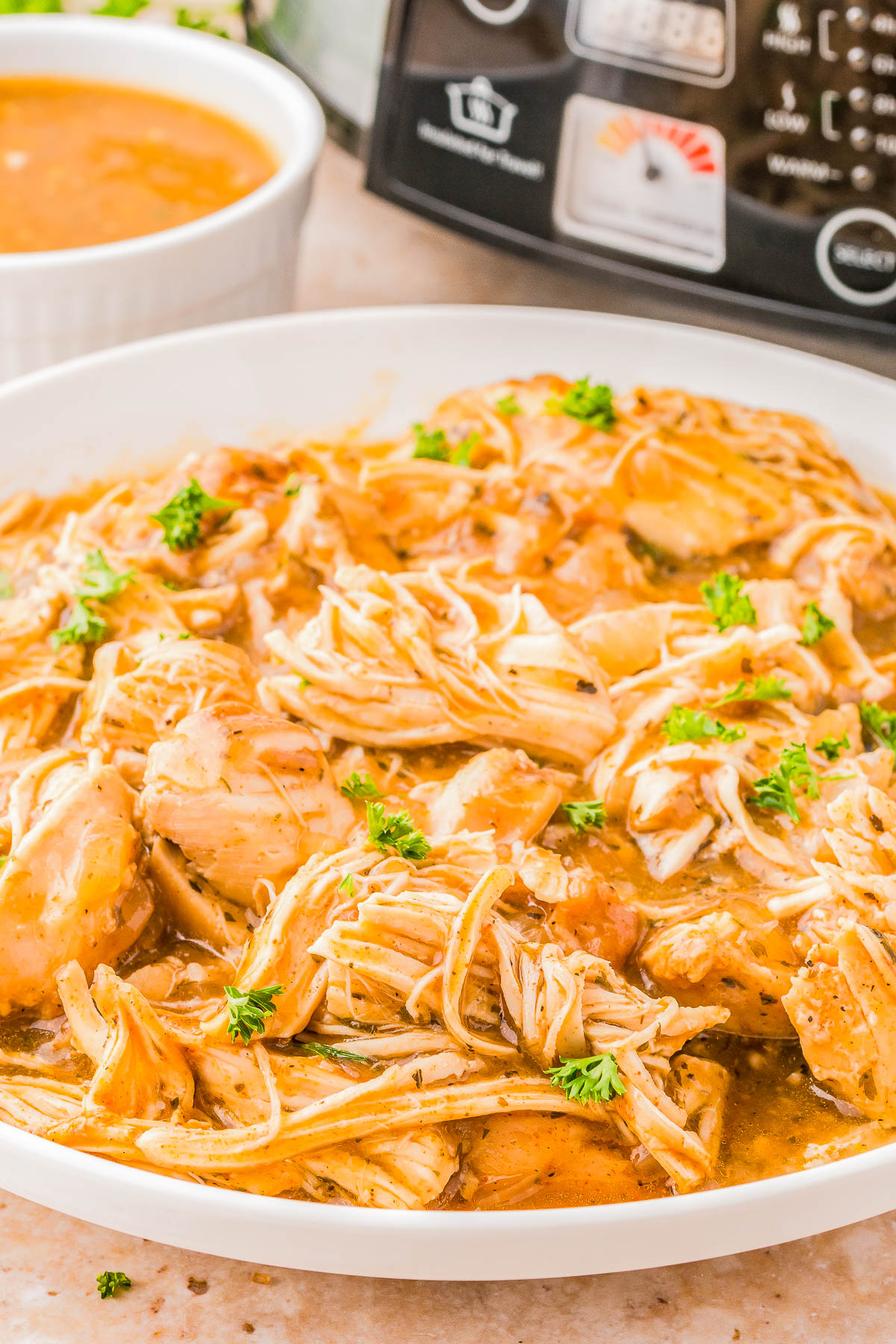 Plate of shredded chicken with gravy, garnished with parsley, in front of a slow cooker.