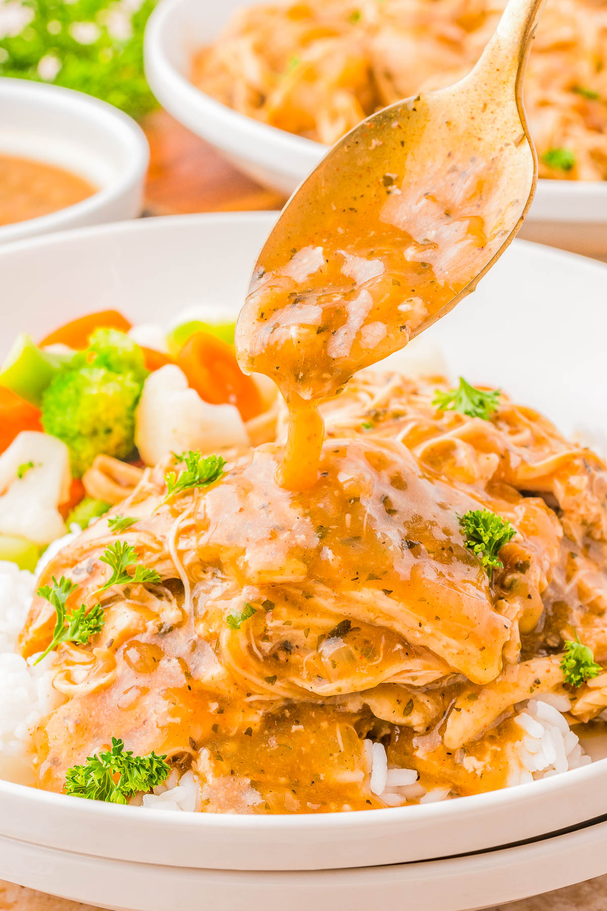 Close-up of a dish with shredded chicken in a creamy sauce, served over rice, and garnished with parsley. A spoon drizzles more sauce over the chicken. Steamed vegetables are on the side.