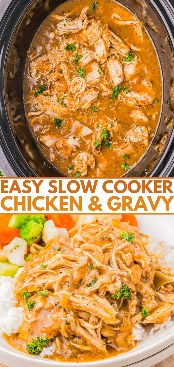 Slow cooker with shredded chicken in gravy; plate with rice, vegetables, and chicken topped with gravy.