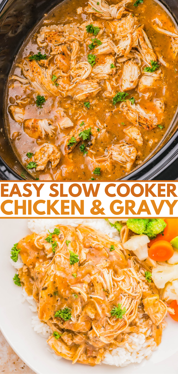 Slow-cooked shredded chicken in gravy in a crockpot and served over rice with vegetables on a plate.