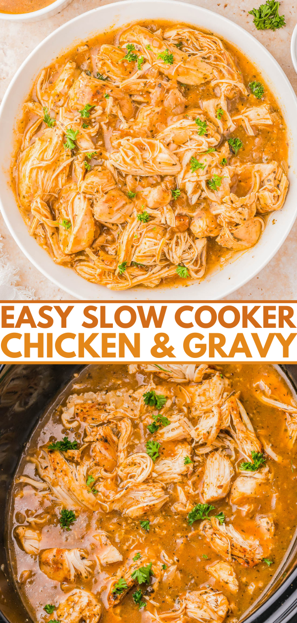 Shredded chicken in gravy garnished with parsley, served in a bowl with a "Easy Slow Cooker Chicken & Gravy" text overlay.