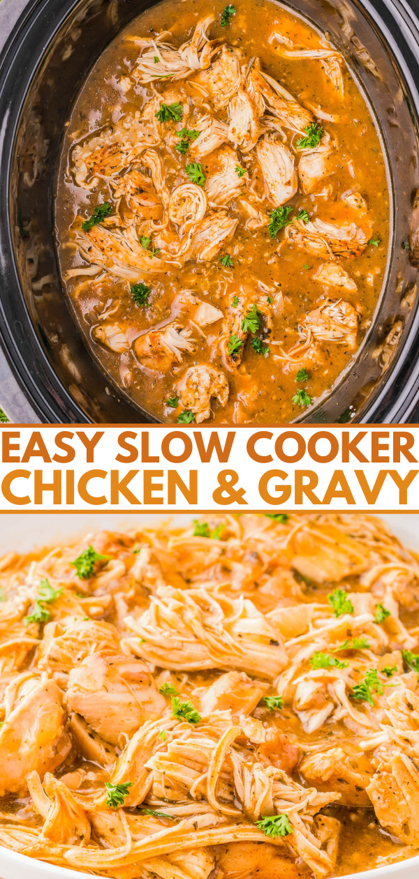 Slow cooker chicken with gravy in a pot, topped with parsley. Text reads, "Easy Slow Cooker Chicken & Gravy.