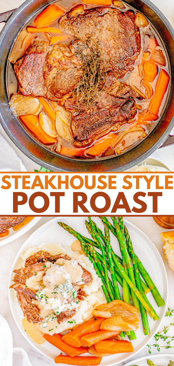 A pot roast with carrots and herbs in a pan, and a serving on a plate with mashed potatoes, asparagus, and onions.