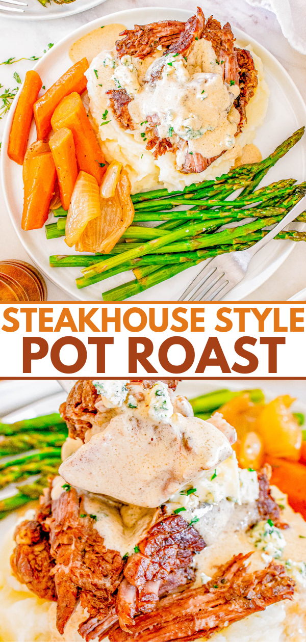 Pot roast with creamy sauce served on mashed potatoes, accompanied by carrots, onions, and asparagus.