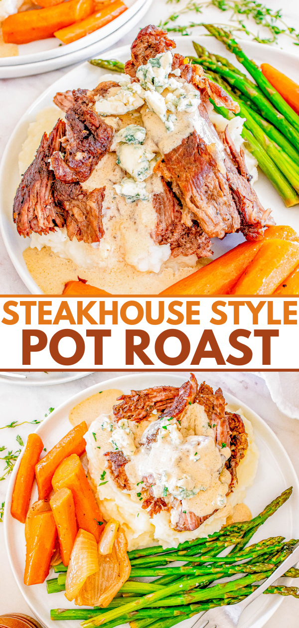 Two plates of steakhouse-style pot roast with mashed potatoes, asparagus, and carrots.