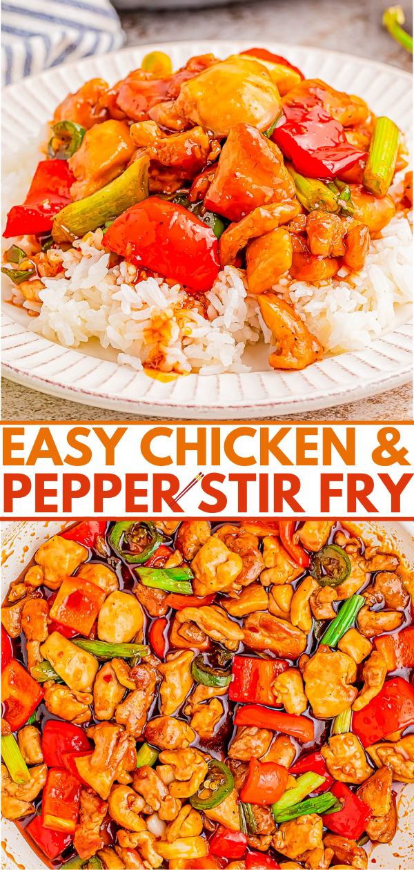 Plate of chicken and pepper stir fry with rice, featuring colorful bell peppers and spring onions. Text below reads 