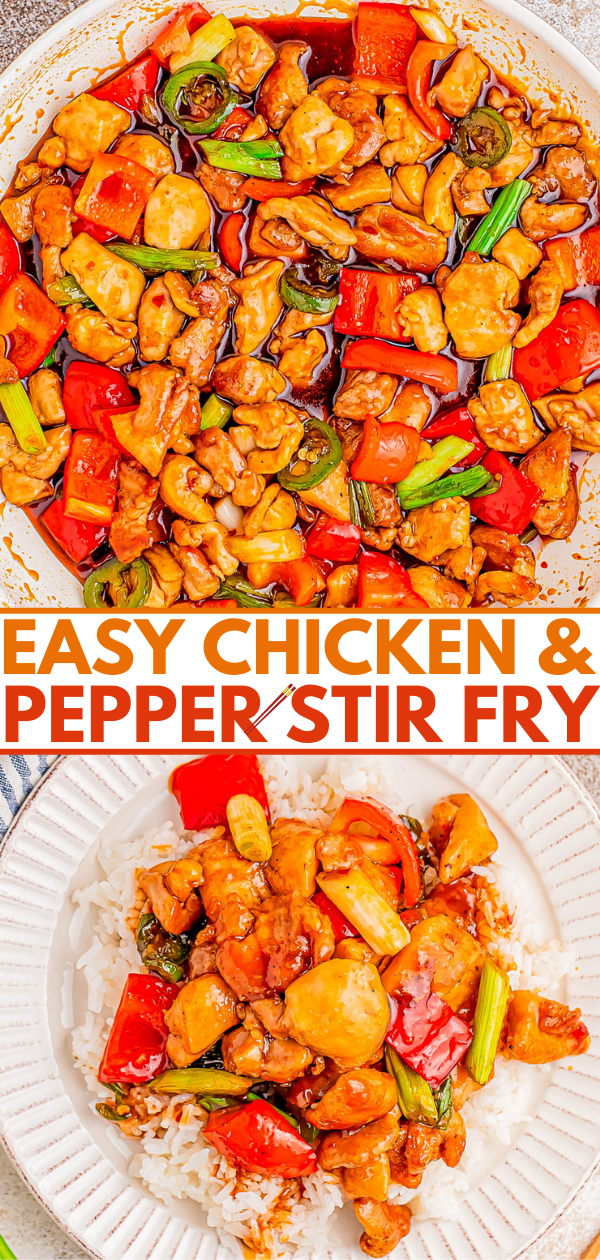 A pan of stir-fried chicken with peppers and onions on top, and a plate with the same dish served over rice below. Text reads 