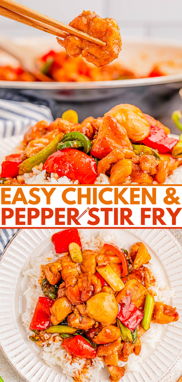 Close-up of chicken and pepper stir fry on rice. Text reads 