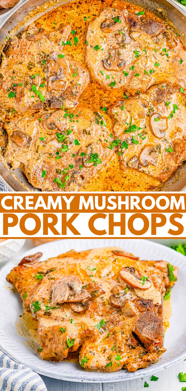 Plate of creamy mushroom pork chops garnished with herbs, with additional pork chops in a skillet in the background.