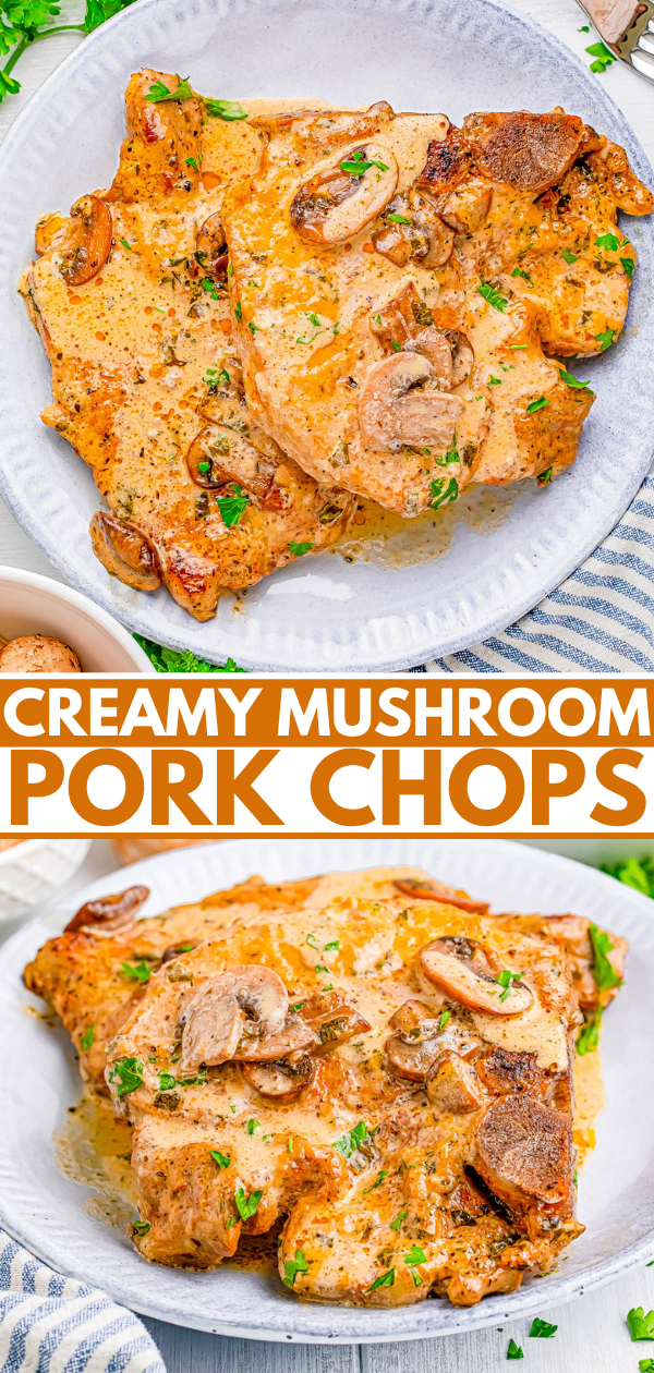 Plate of pork chops covered in a creamy mushroom sauce, garnished with chopped herbs.