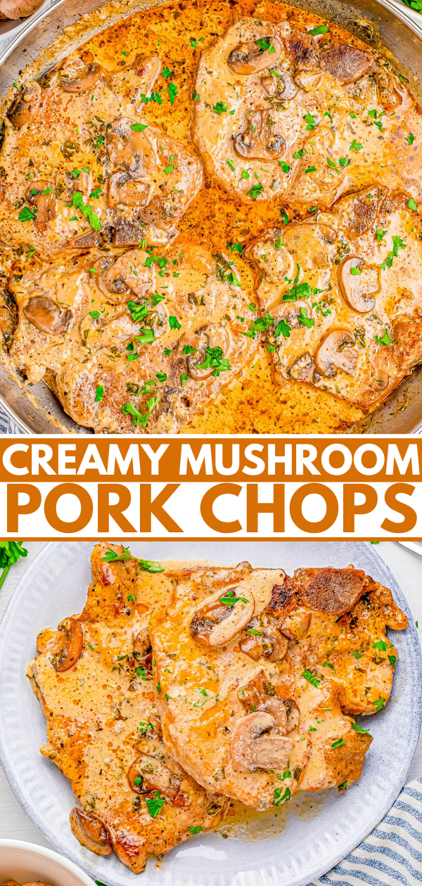 Pan of cooked pork chops with creamy mushroom sauce, garnished with chopped parsley. A serving of pork chops is presented on a white plate.