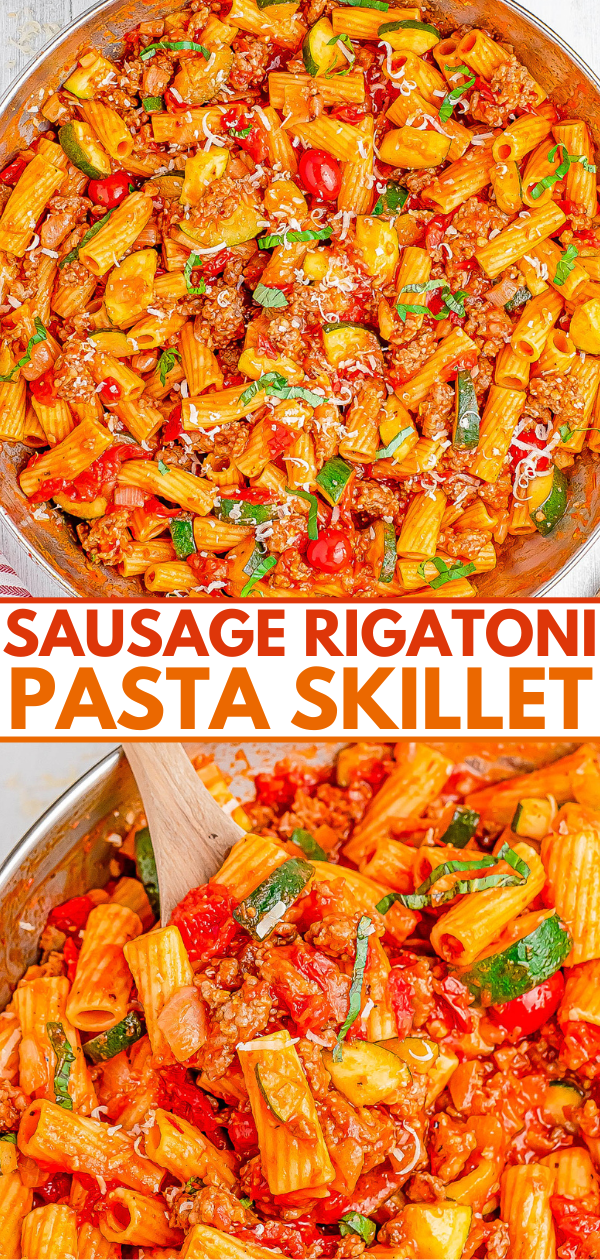 Close-up of a sausage rigatoni pasta skillet featuring rigatoni, sausage, zucchini, bell peppers, and tomato sauce, garnished with herbs and grated cheese.