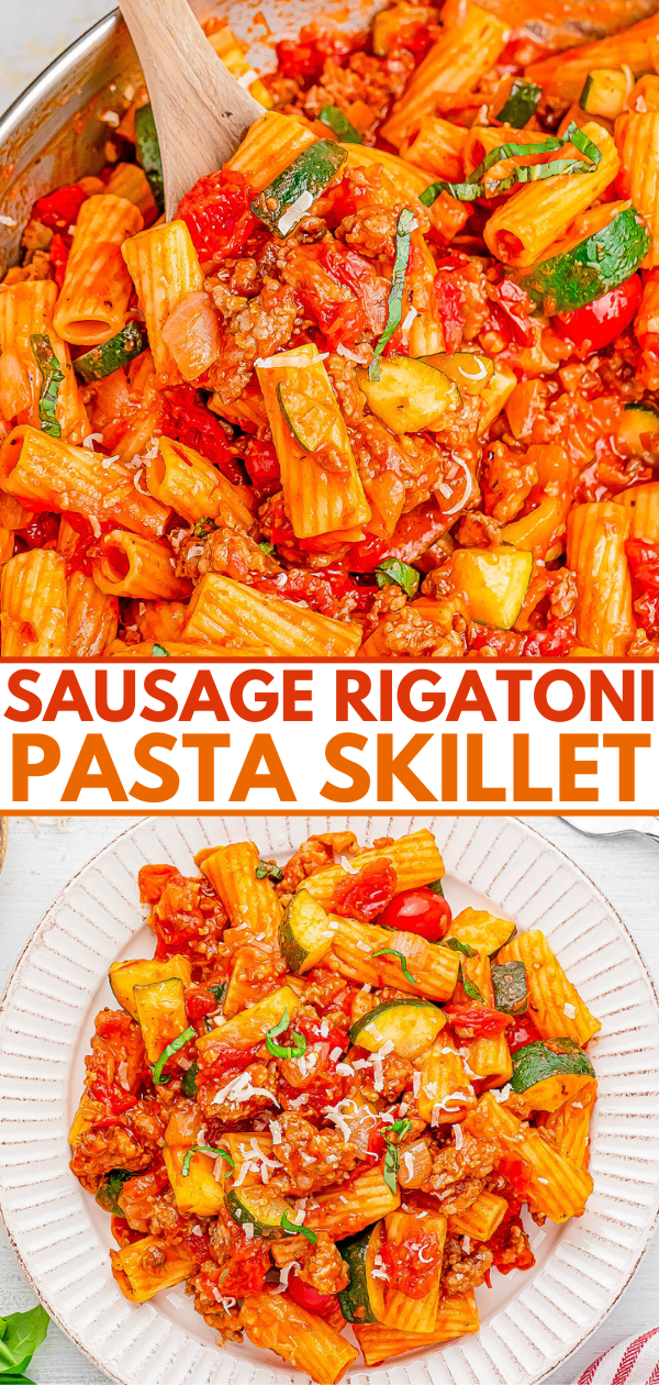 Sausage rigatoni pasta skillet with zucchini and red bell peppers in a savory sauce, shown in a skillet and served on a plate.