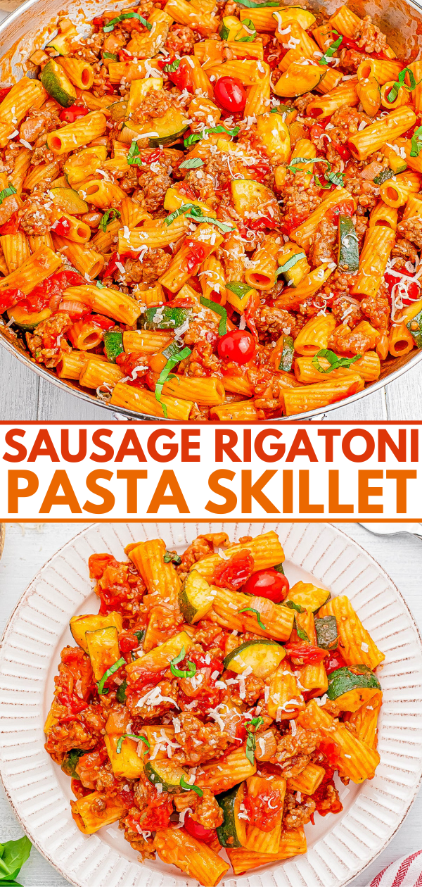 Sausage rigatoni pasta skillet with tomato, zucchini, and cheese served on a plate.