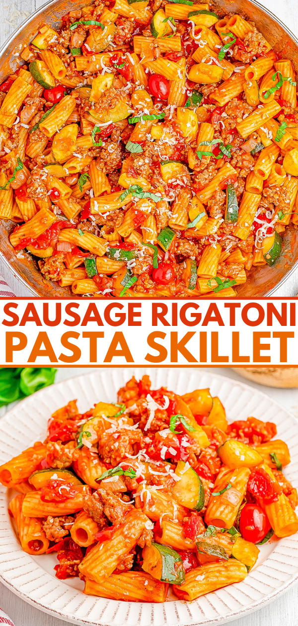 A skillet filled with sausage rigatoni pasta with vegetables and a plate of the same dish, topped with grated cheese.