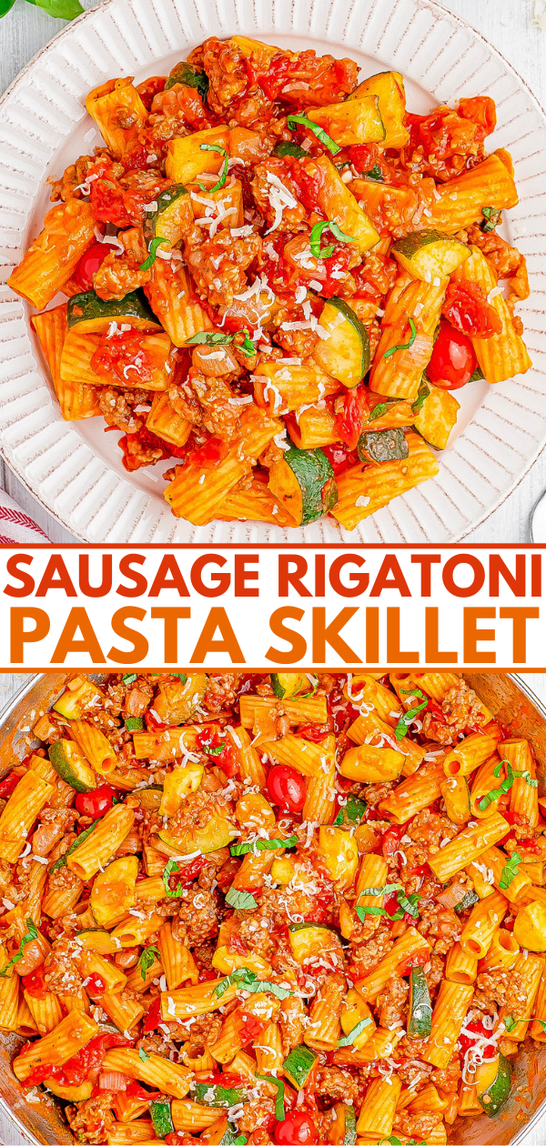 Plate and skillet of sausage rigatoni pasta with zucchini, tomatoes, and grated cheese, labeled "Sausage Rigatoni Pasta Skillet.